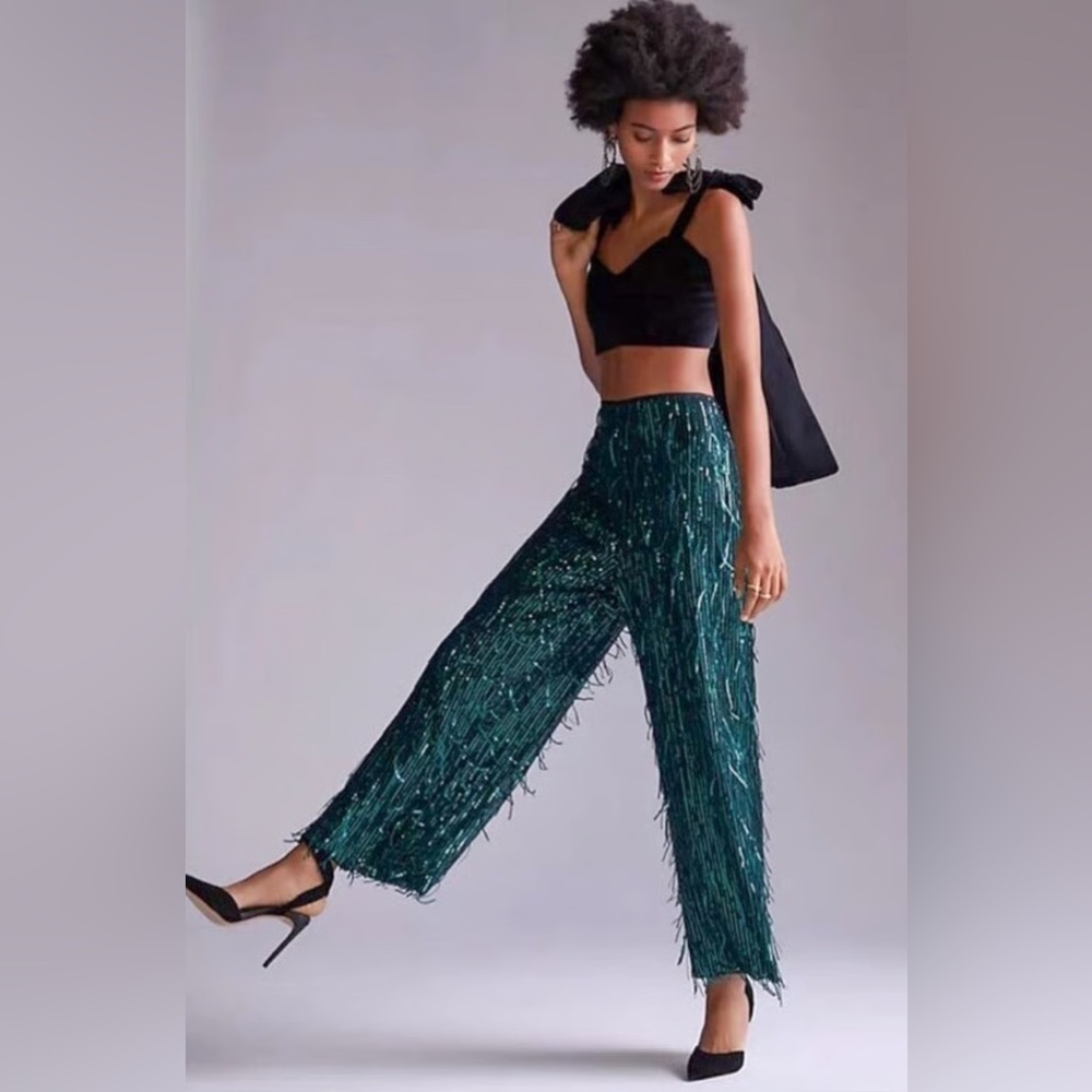 Anthropologie Maeve Sequin Green Pants Party Formal Size 8